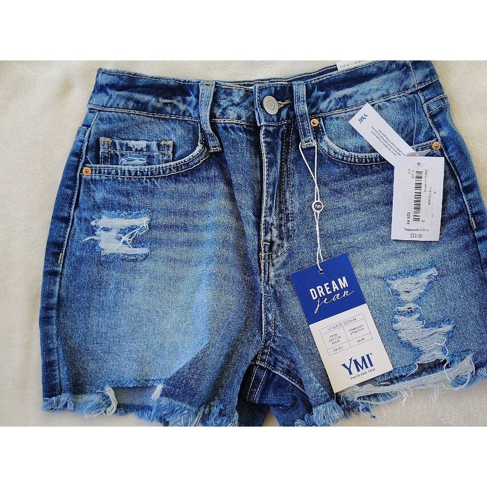 YMI Dream Jean High Rise Distressed Denim Shorts Medium Wash Blue Womens Size 3